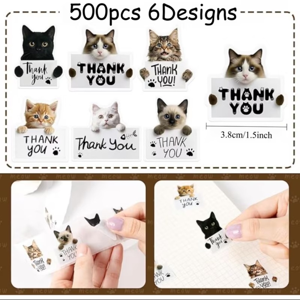 Cute Cat Thank You Stickers (Assorted Cat Faces), 500 stickers - Picture 2 of 8